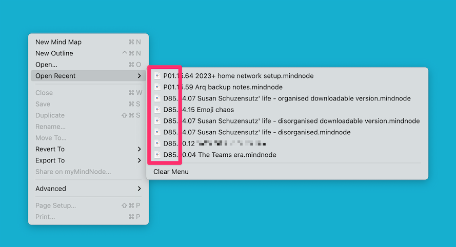 The macOS 'File > Open Recent' menu. It shows a bunch of filenames: some start with 'P01', some with 'D85'.