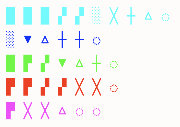 The same shapes, but rearranged so that each line is now a single colour. On each line, the same shapes have been grouped together. Each line starts with the larger, 'heavier' shapes, and tapers off to the lighter ones.