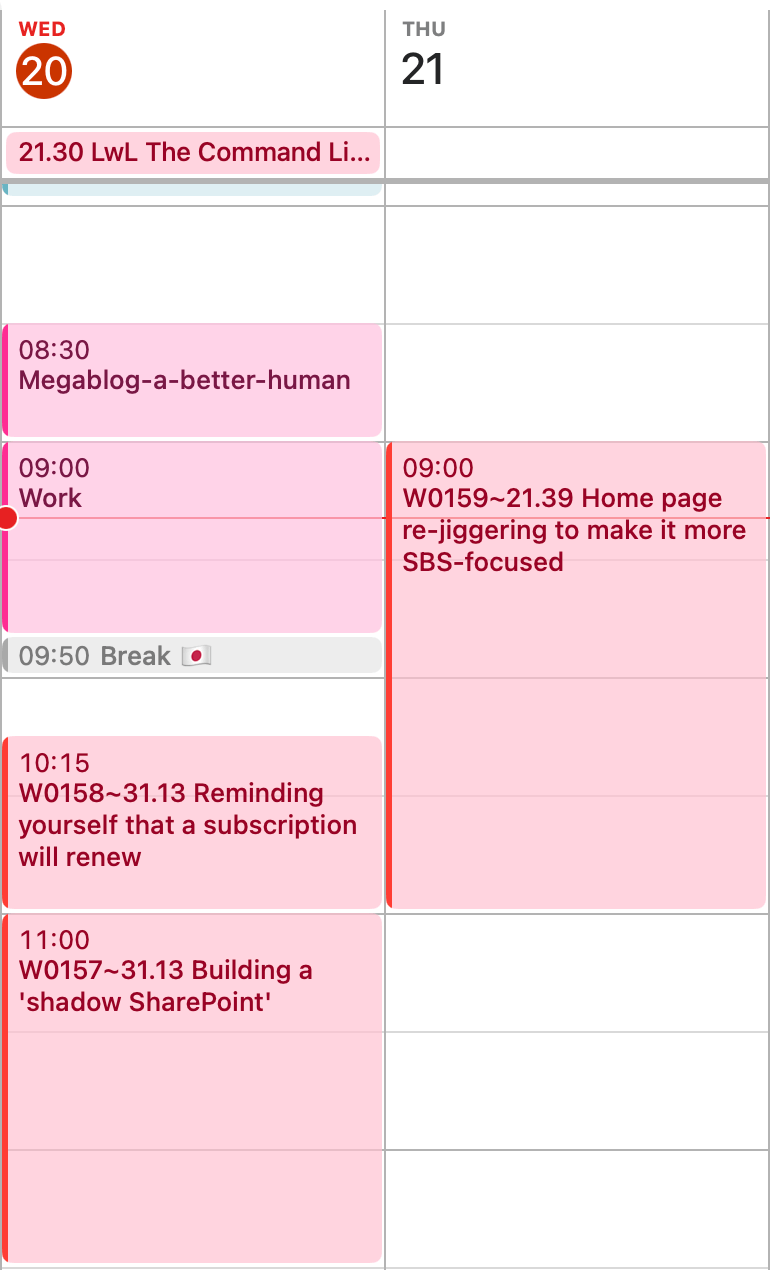 Screenshot of 2 days from my calendar. A handful of meetings are shown, each of which starts with an ID like the one I mention in the text below.