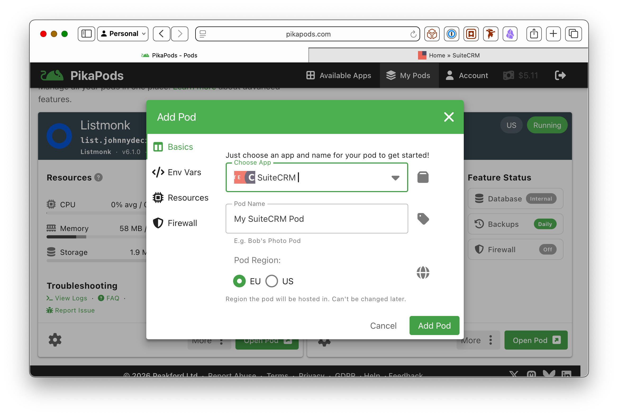 Screenshot of the PikaPod create window.