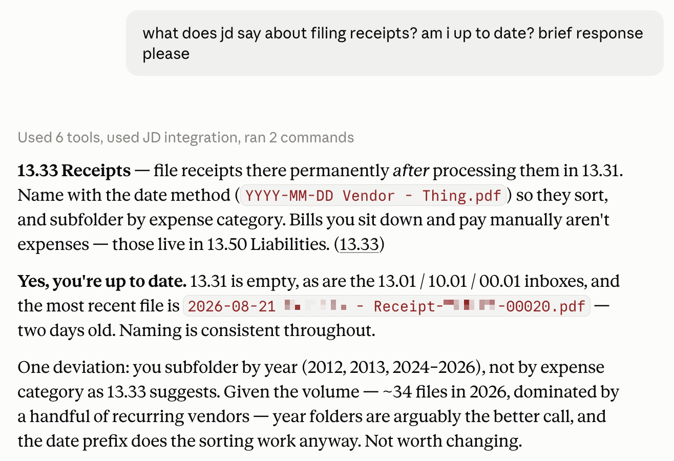 Screenshot of Claude's response to my receipt question. It's read my local disk and tells me that I am up-to-date with my receipt filing.