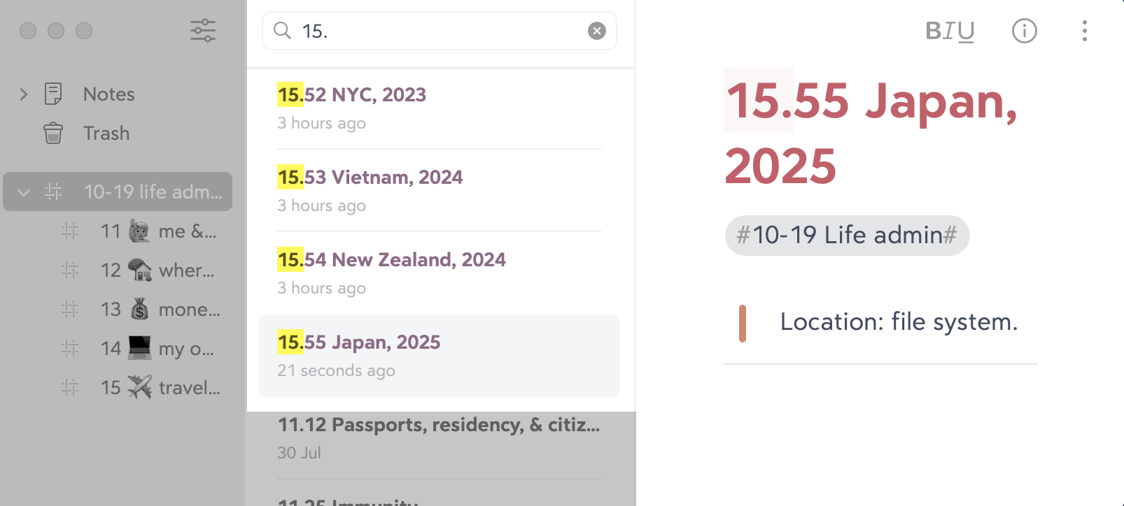 A screenshot of Bear. Now we've added a new note called 15.55 Japan, 2025.