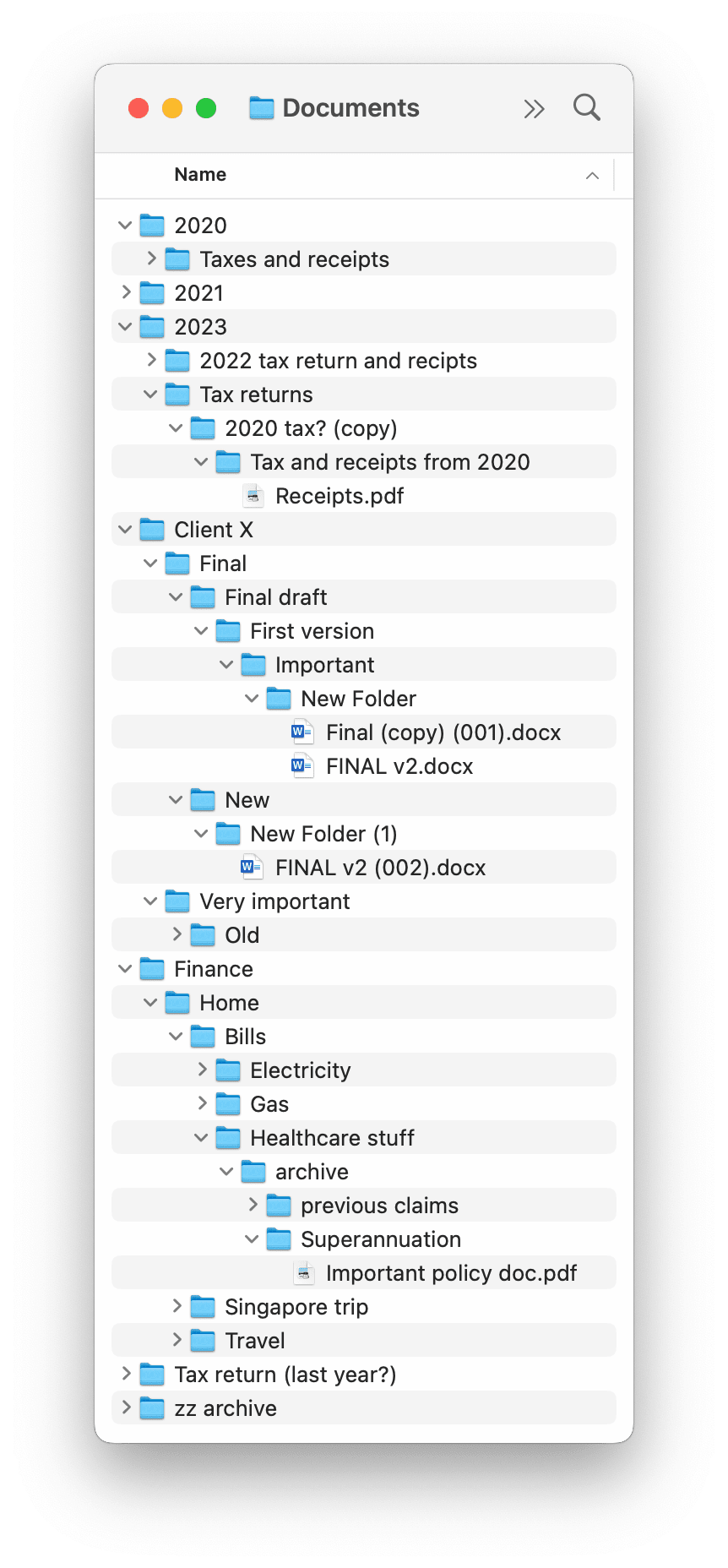 A screenshot of a MacOS Finder window showing a bunch of folders, nested terribly, all named similarly. It's a confusing mess.