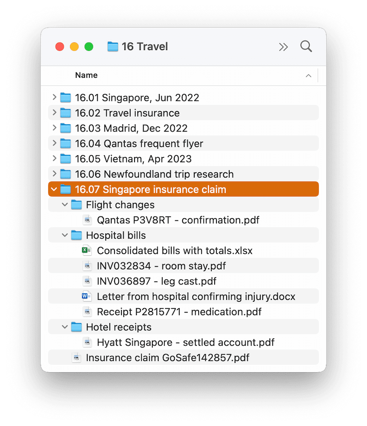 A screenshot of a macOS Finder window. It shows our '16 Travel' category with a new folder, '16.07 Singapore insurance claim'. In that folder there are 3 subfolders: 'flight changes', 'hospital bills', 'hotel receipts'. They each contain a handful of documents. At the root of the folder is a document titled 'WorldCover claim.pdf'.