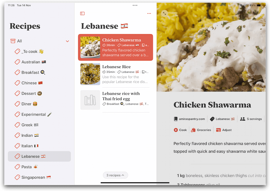 A screenshot of the iPad app 'Mela'. The left-third navigation pane shows my menu categories, which are the countries of the world: Thai, Indian, and so on. The main window shows the recipe for Taiwanese Three Cup Chicken, which you should cook. It's _amazing._