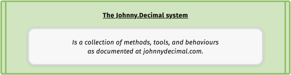 A block diagram showing 'The Johnny.Decimal System' in a green block.