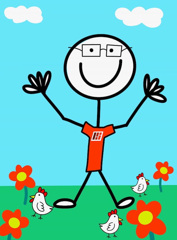 Another cartoon. This one is bright and cheerful. It shows Johnny in a garden with flowers and chickens.