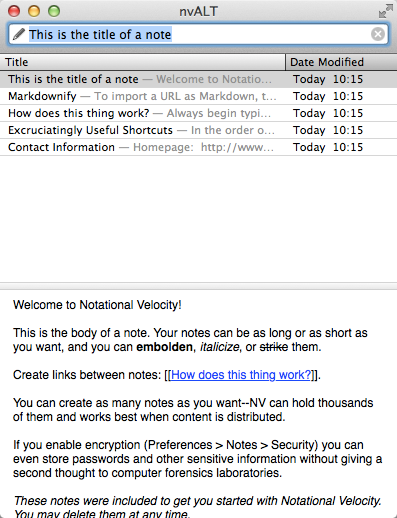 A screenshot of nvALT. At the top is a search bar. Then a list of notes. Then the selected note. Just in one column. That's it.