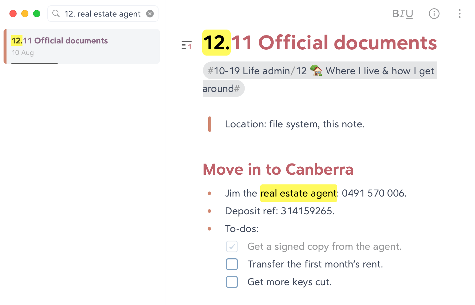 Screenshot of Bear. We're searching for '12. real estate agent', and note '12.11 Official documents' has appeared because it contains those words.