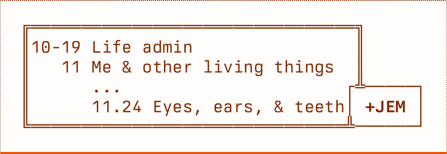 A line diagram. It shows a portion of a standard Johnny.Decimal system, focusing on the ID '11.24 Eyes, ears, & teeth'. At the end of that ID, and extending out of the right side of the diagram, is another box labelled '+JEM', indicating that we've extended this ID for Jemima.