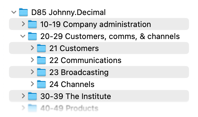 A screenshot of my file system showing a containing folder, D85 Johnny.Decimal, with area folders contained.