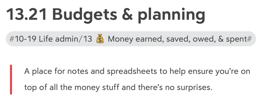 The JDex entry for 13.21 Budgets. It reads: A place for notes and spreadsheets to help ensure you’re on top of all the money stuff and there’s no surprises.