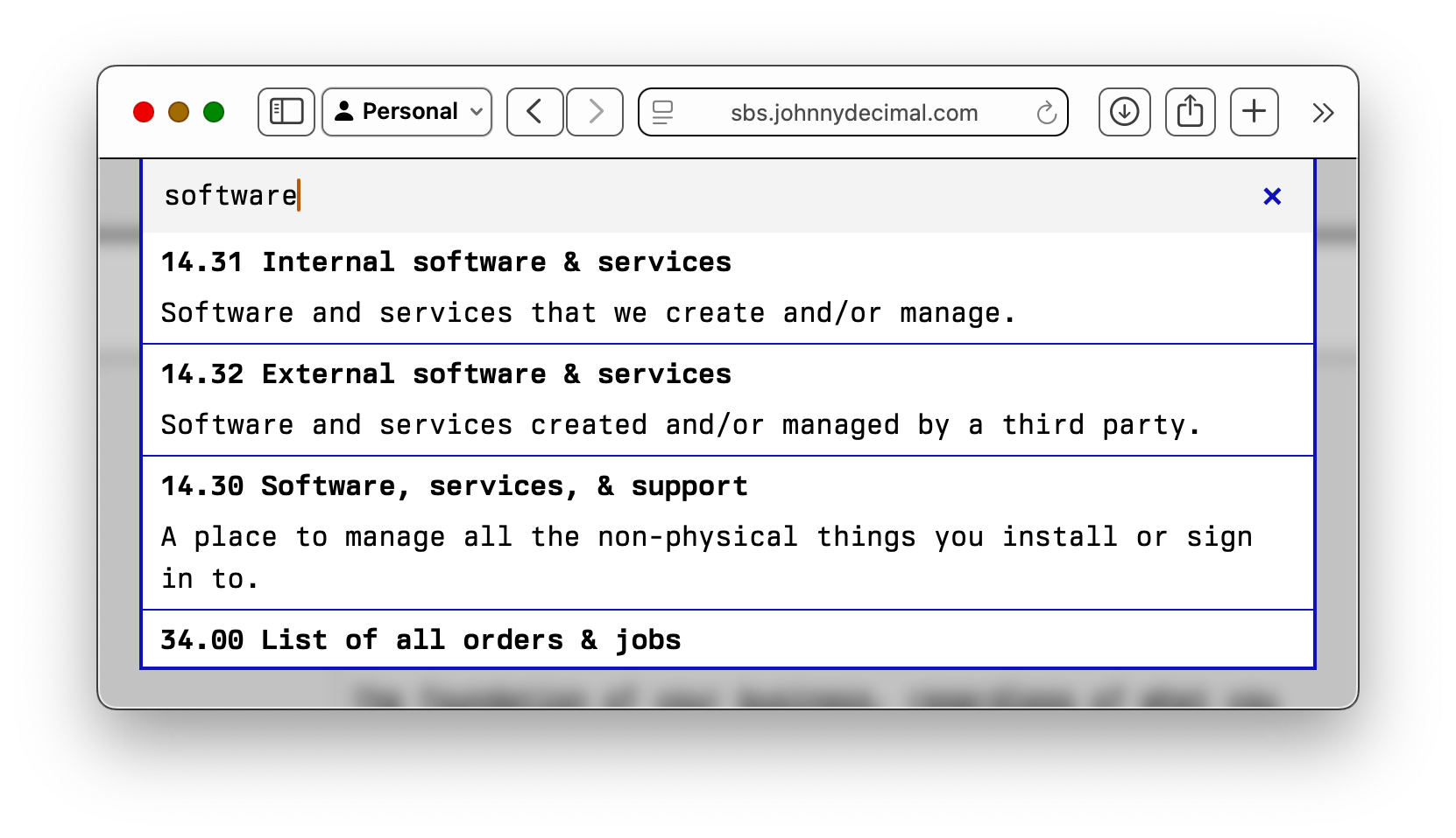 Screenshot of me searching SBS for 'software'. 14.31 is the top result.