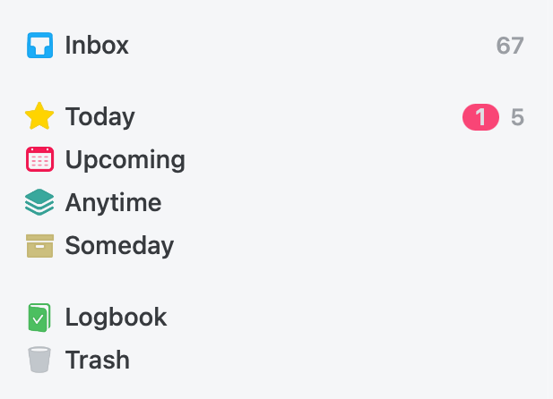 Screenshot of Things' special buckets: Inbox, Today, Upcoming, Anytime, Someday, Logbook, Trash. I have 67 items in my inbox.