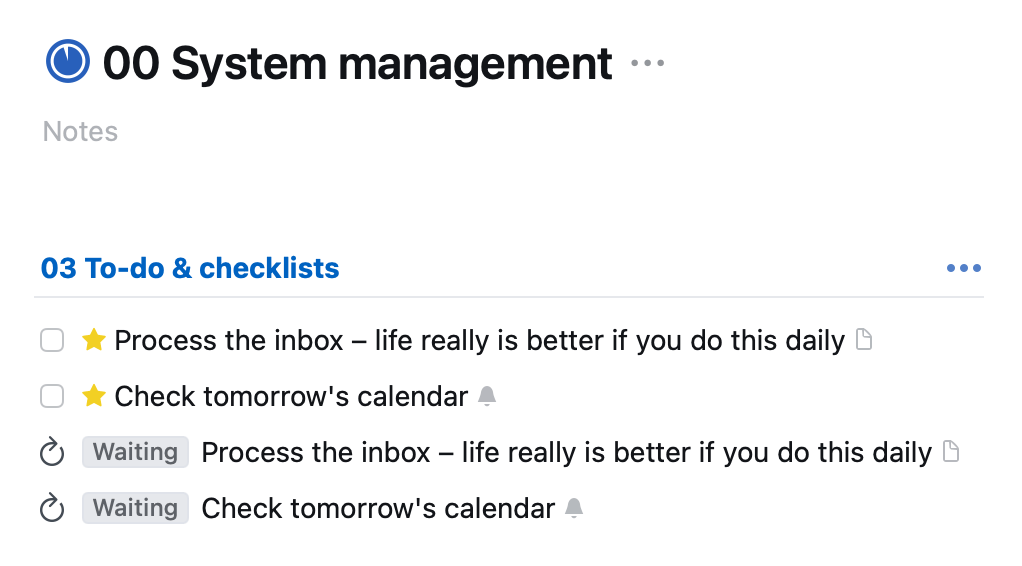 Screenshot showing my '00 System management' project. Header '03 To-do & checklists' contains 2 recurring items: 'process the inbox', and 'check tomorrow's calendar'.