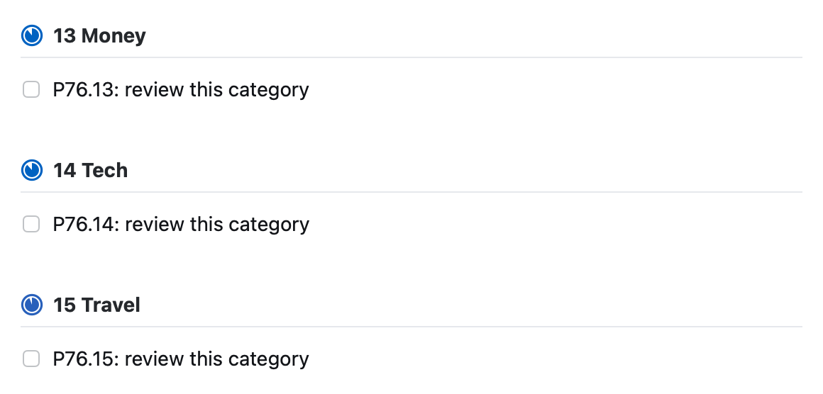 Screenshot showing 3 of these review tasks for categories 13, 14, and 15.