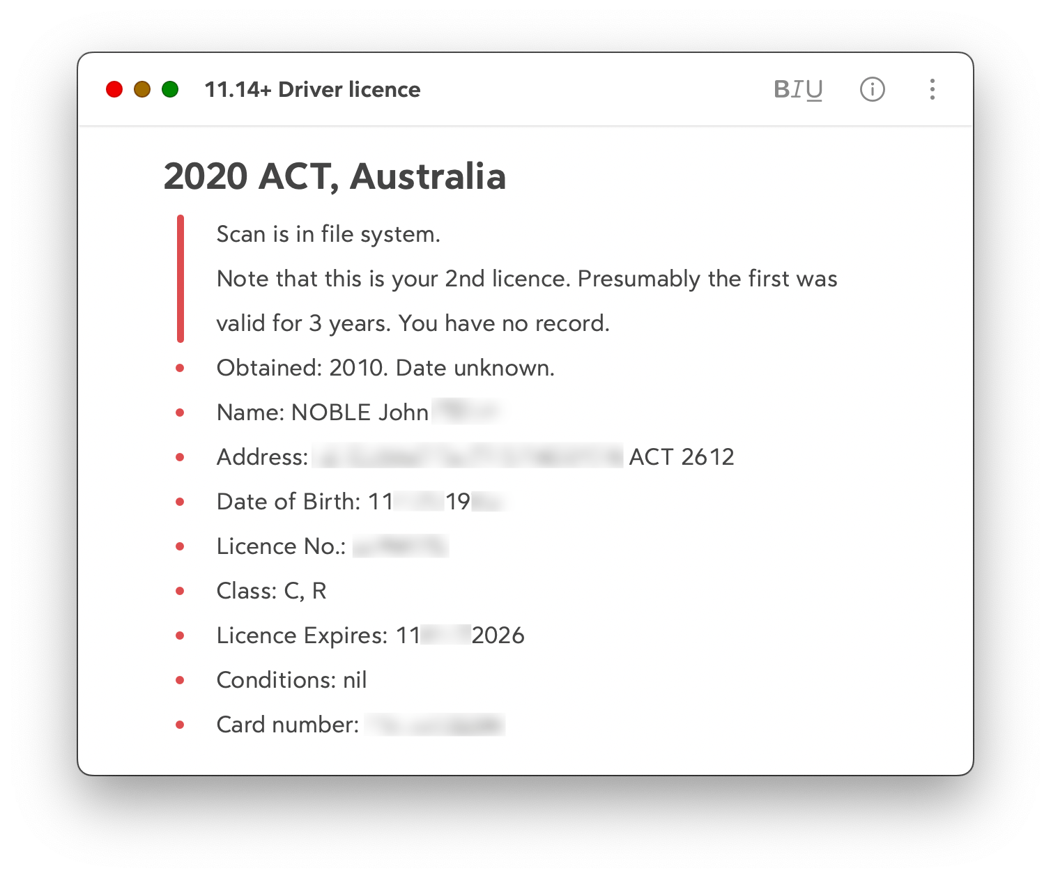 Screenshot of the note, showing bullet points with each of my licence's values (mostly blurred out).