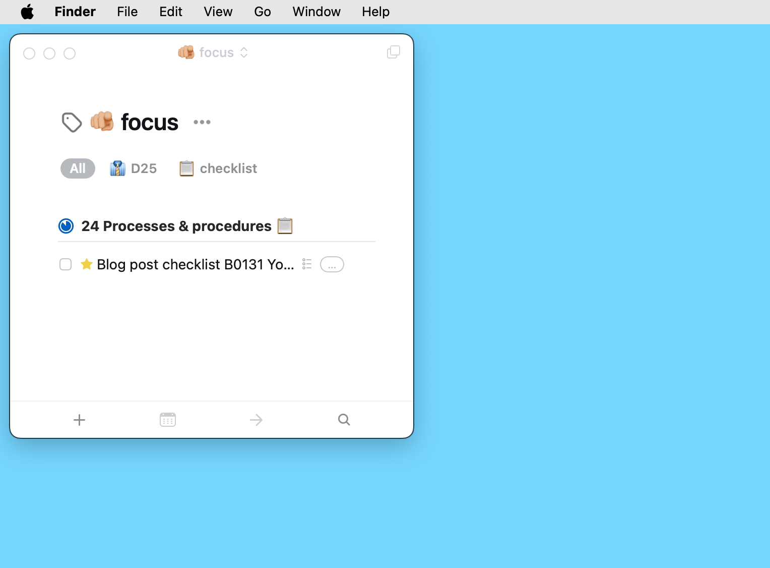 Screenshot of this Things window up at the top-left of my screen. It shows my blog post checklist; the thing I'm working on.