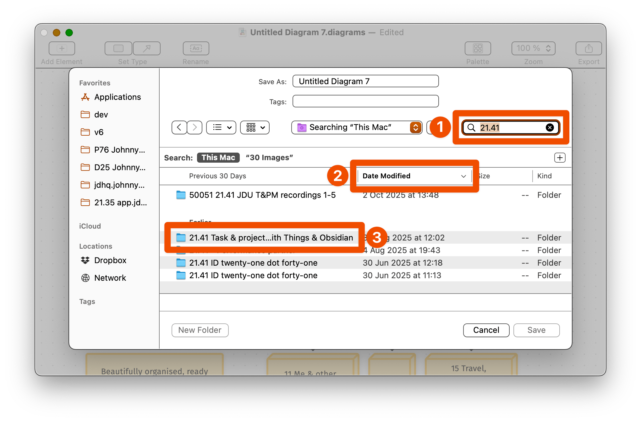 A screenshot of the standard file save dialog. The first thing highlighted is the search feature, into which I've typed '21.41'. This has revealed those folders in the main view. Second highlight is the fact that I'm sorting by 'date modified'. Third highlight is the folder that I want to save this file in.