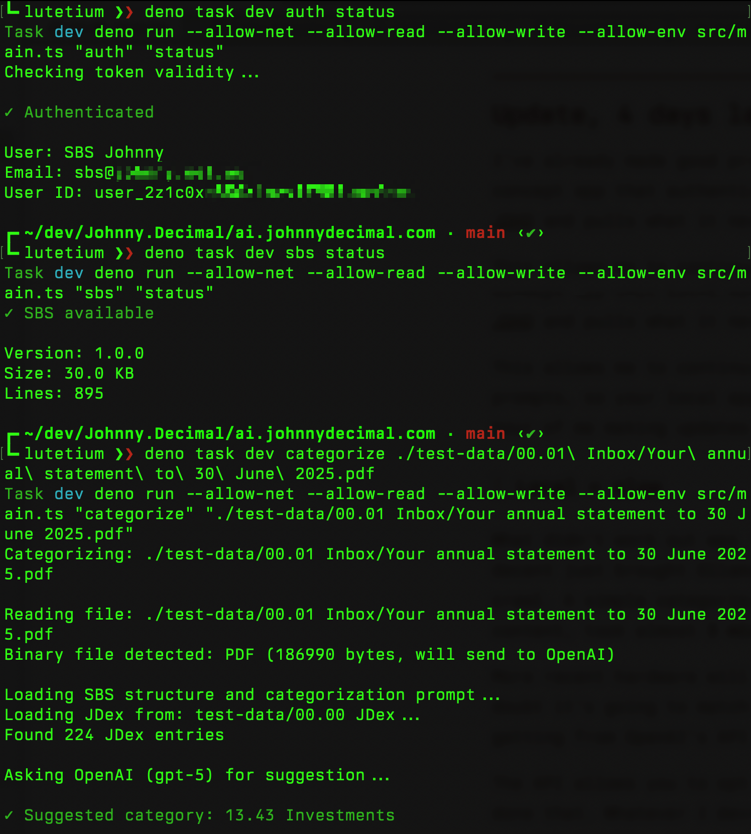 A screenshow showing me issuing `deno task` commands that run my fledgling app. We confirm authentication and SBS system status, then send a PDF to the OpenAI API. It responds with a JD ID.