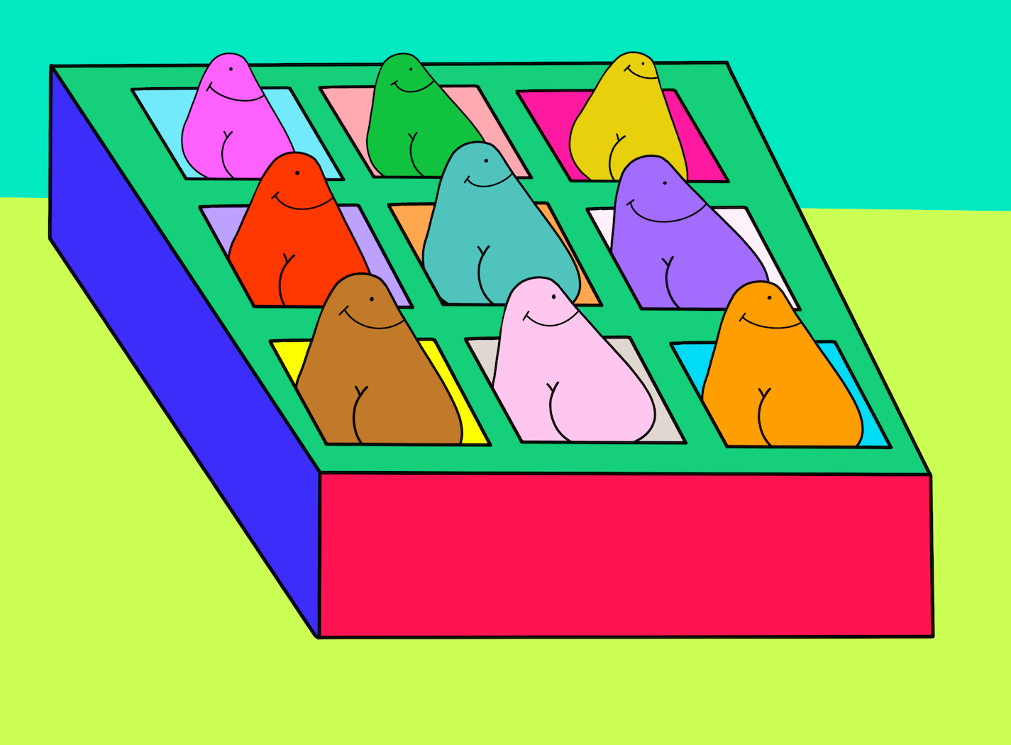 A very colourful cartoon. In a 9-holed bento box sit 9 rounded 'men', whose primary characteristic is that they're shaped like a bum.