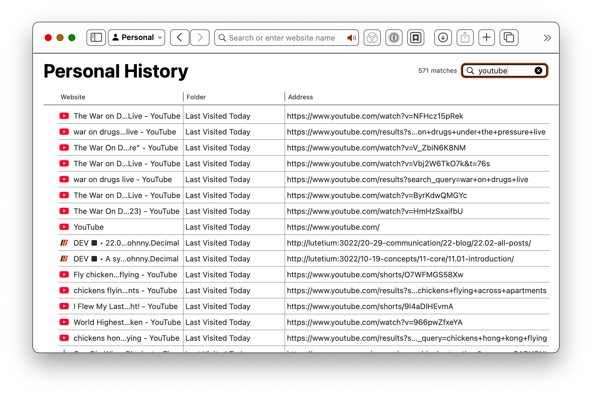 A screenshot of Safari's history view, with 'YouTube' as the search revealing 571 items.