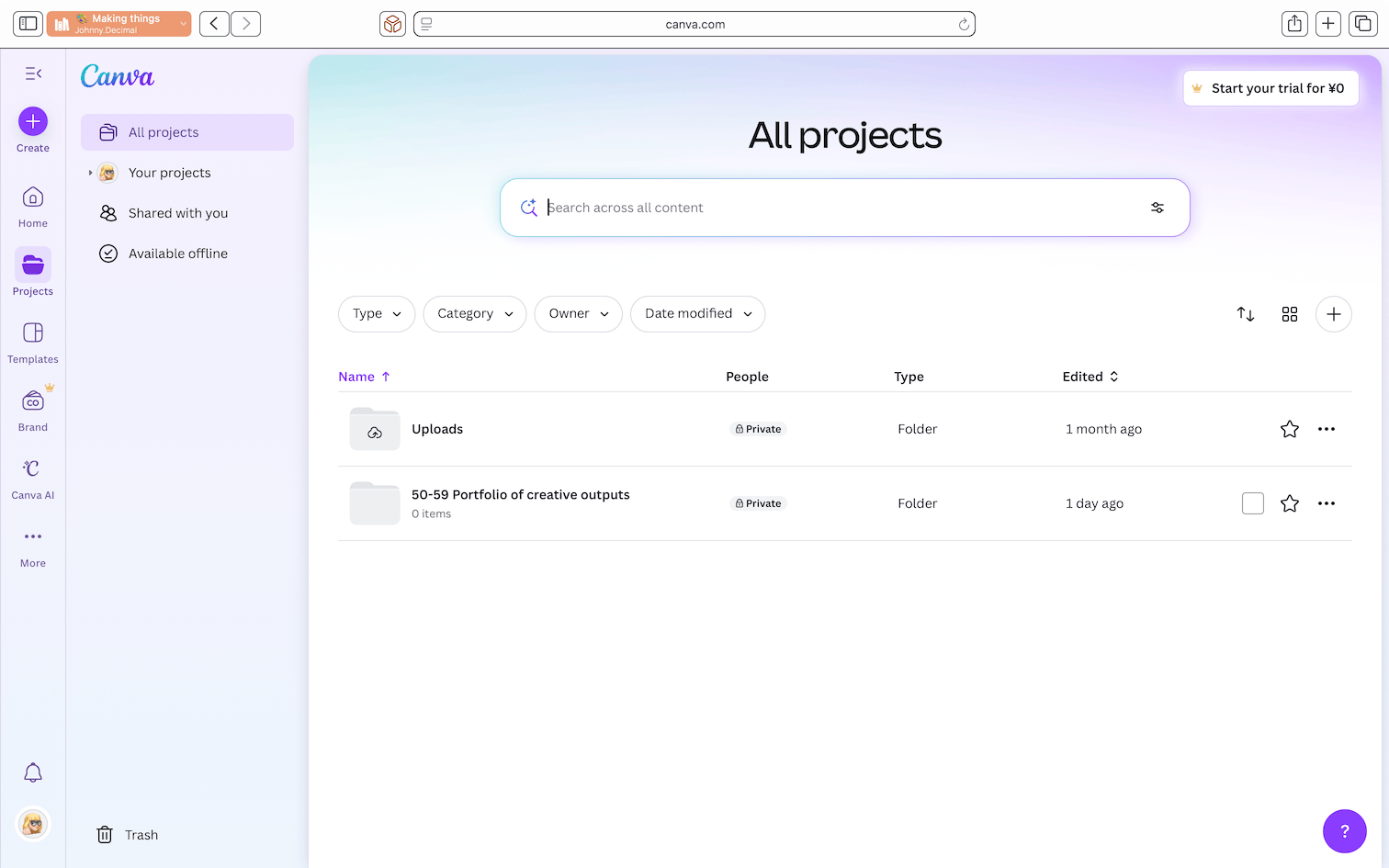 A screenshot of Lucy's Canva window. It is, as described above, mostly empty.
