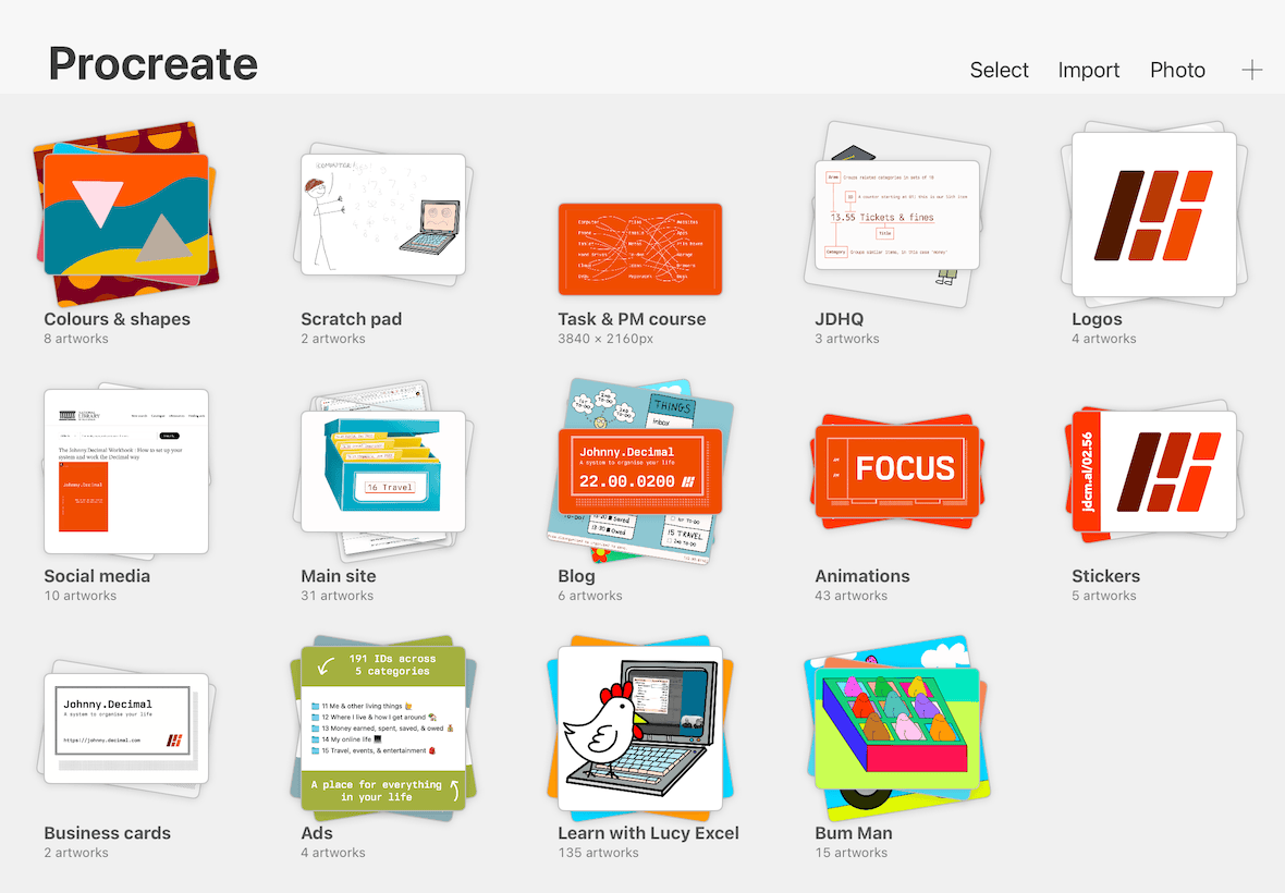 Lucy's Procreate home screen. Lots of stacks of images.