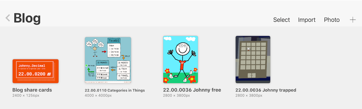 A screenshot of Lucy's Procreate screen. It shows 4 items, neatly labelled with JD IDs.