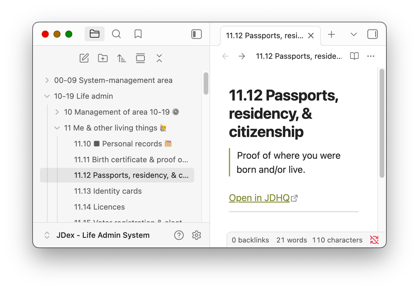 A screenshot of Obsidian. The left pane shows a folder structure which mirrors Johnny.Decimal. The right pane show the content of the entry.