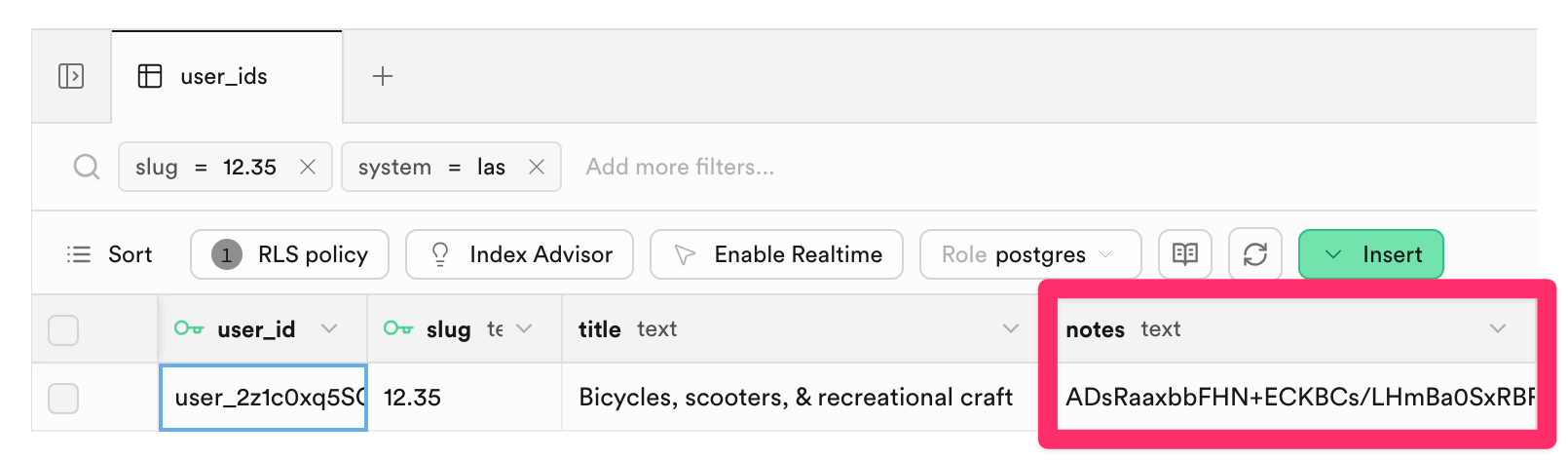 Screenshot showing a single row from a database table. Columns are `user_id`, `slug`, `title`, and `notes`. The notes field is populated with random text.
