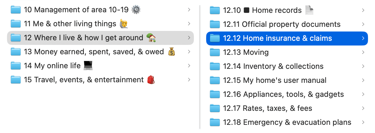 A Finder window showing the Life Admin System. The area folder 10-19 Life admin contains five category folders: 11 Me & other living things, 12 Where I live & how I get around, 13 Money earned, spent, saved, & owed, 14 My online life, and 15 Travel, events, & entertainment. Category 12 is expanded and shows the ID 12.12 Home insurance & claims.