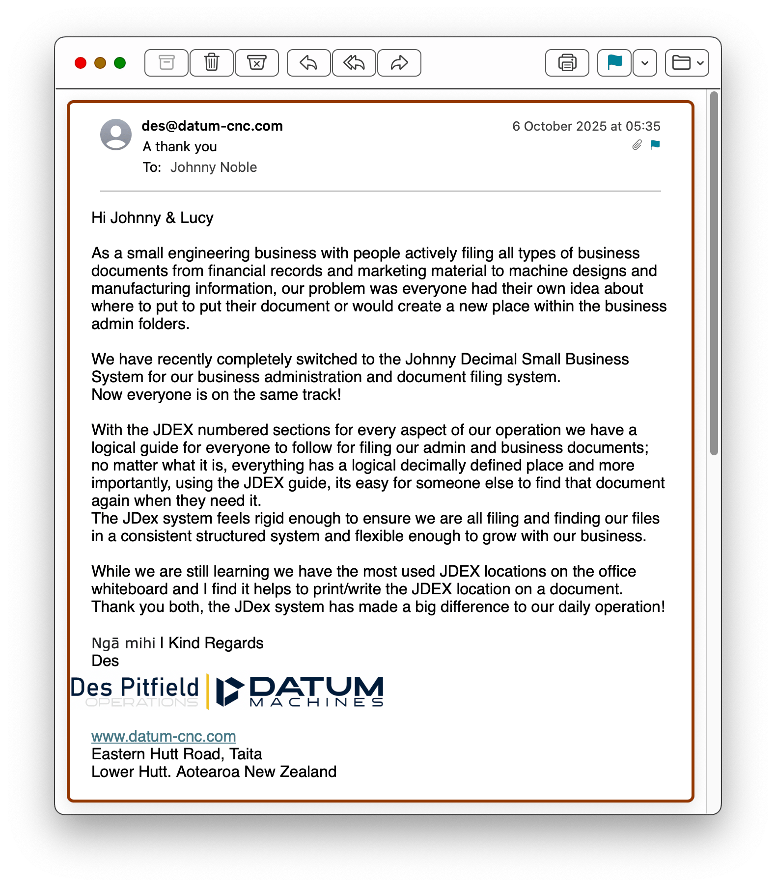 Testimonial from Des.