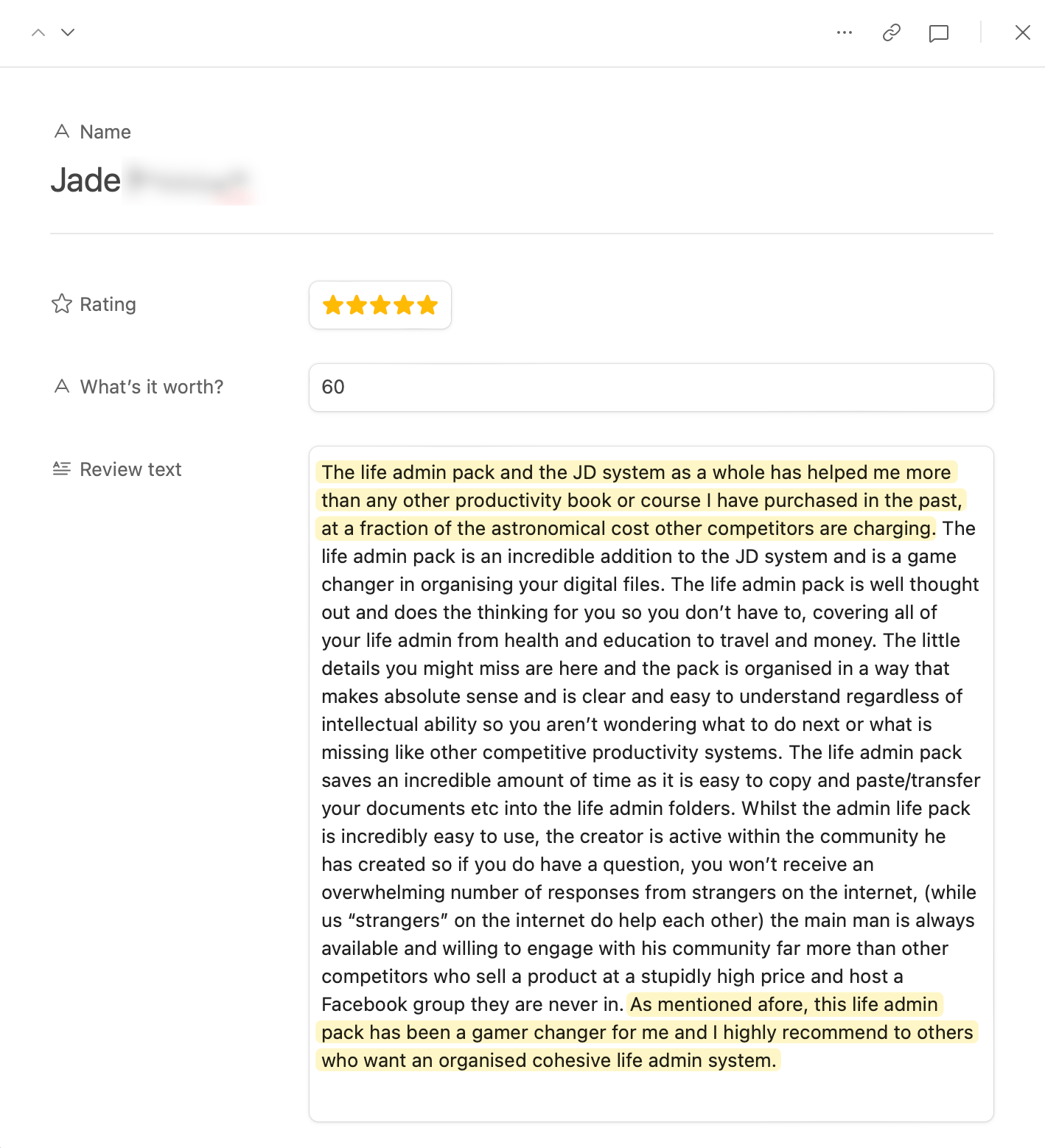Testimonial from Jade.