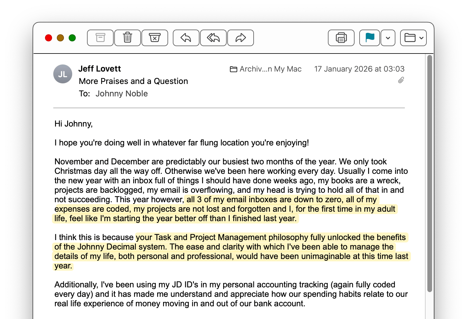 Testimonial email from Jeff, January 2026.